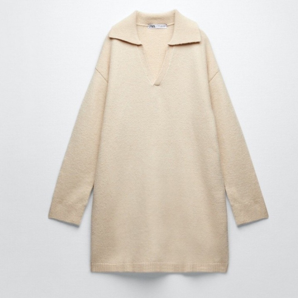 Zara Ivory Knit Dress with Long Sleeves